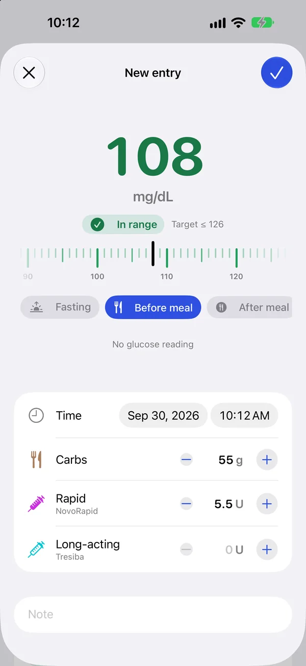 New entry: 108 mg/dL, 55 g of carbs and 5.5 units of rapid-acting insulin